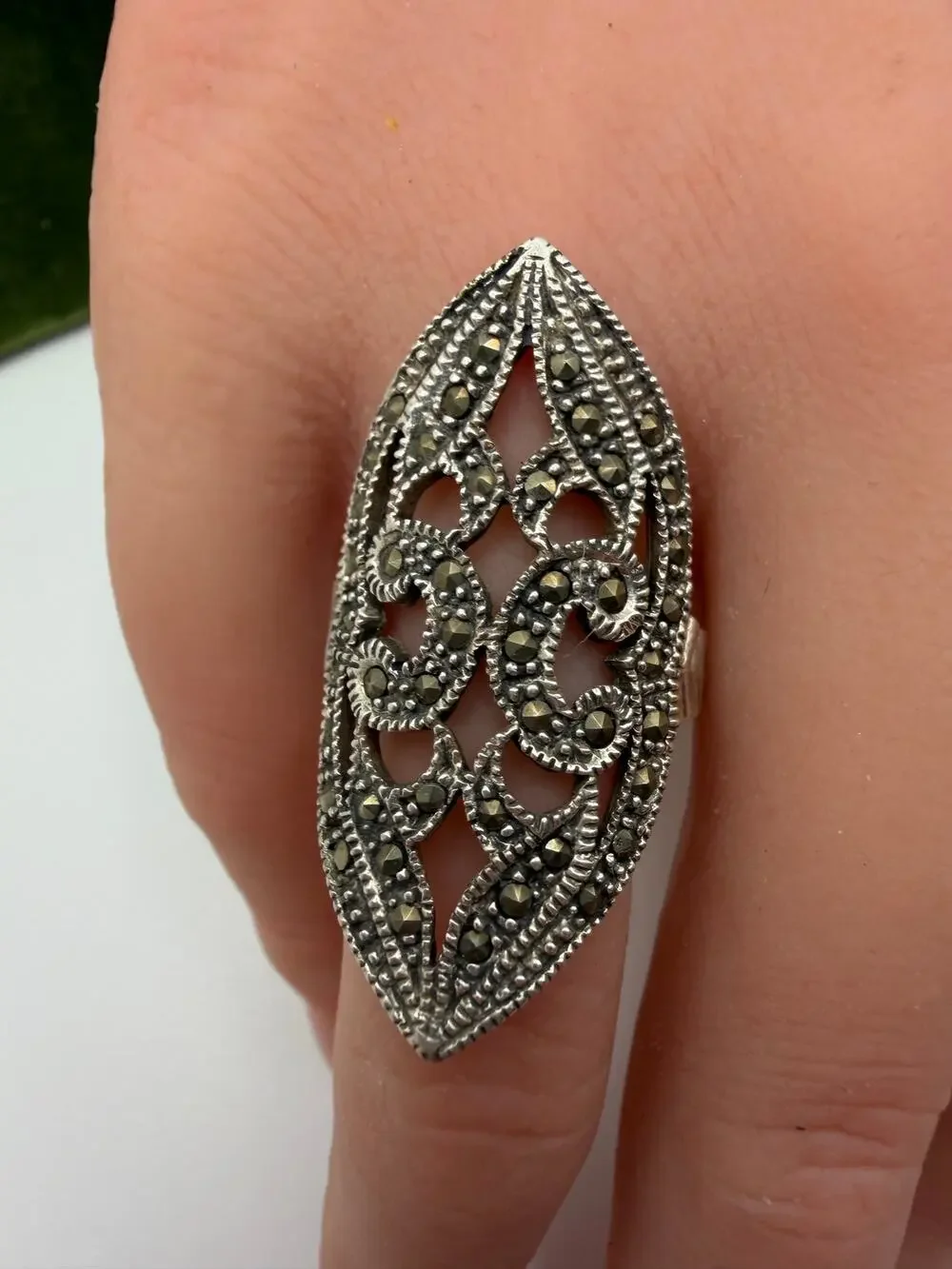 Helen Andrews inc Art Deco-style sterling silver marcasite statement ring sz 7.5